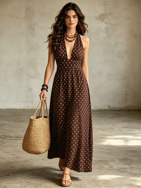 Robe de vacances vintage à pois, dos nu, maxi, style rétro