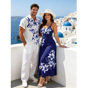 Vacation Couple Outfit Lily Floral Leaf Pattern Pocket Spaghetti Strap A Line Long Tank Dress and Button Up Shirt Casual Matching Outfit