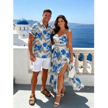 Vacation Couple Outfit Hibiscus Floral Leaf Pattern Geometric Lace Panel Hollow Out Long Dress and Button Up Shirt Casual Matching Outfit