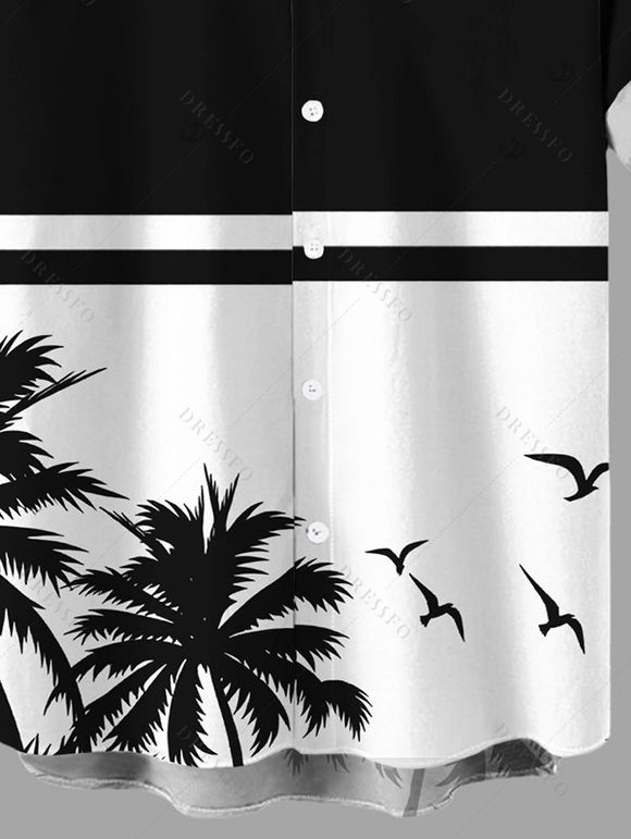 Men's Beach Vacation Shirt Contrast Color Coconut Tree Seagulls Print Button Up Shirt - Noir 5XL