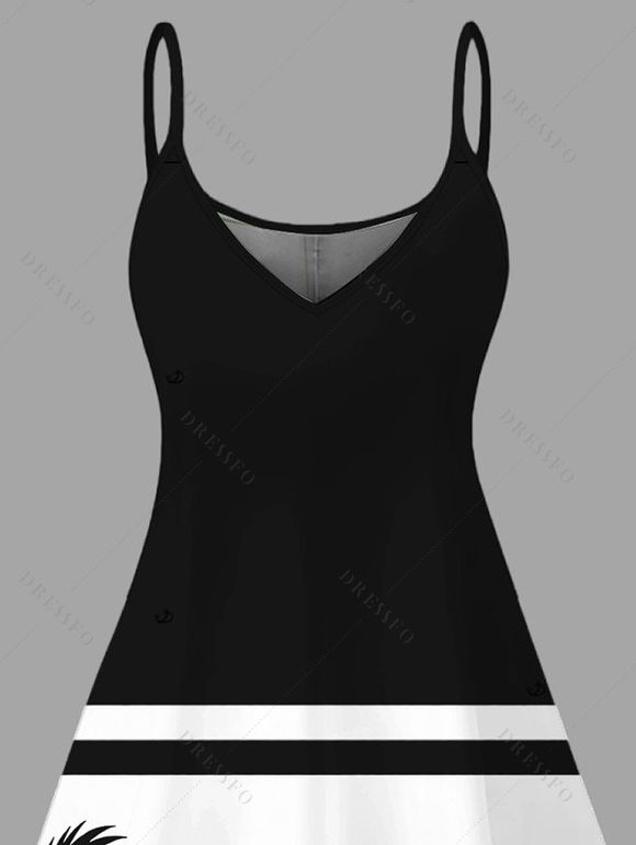 Beach Vacation Dress Contrast Color Coconut Tree Seagulls Print Spaghetti Strap Mini Dress - Noir XXXXXL | US 20