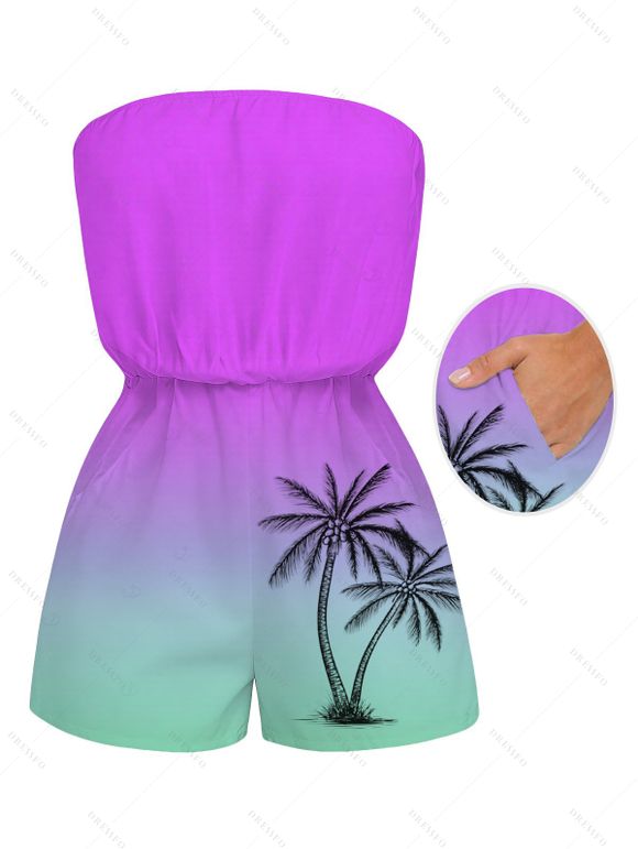 Vacation Beach Romper Ombre Coconut Tree Pattern Pocket Off the Shoulder Romper - Pourpre XXL | US 14