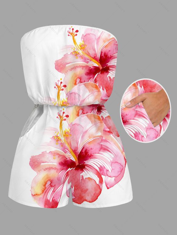 Vacation Romper Watercolor Hibiscus Floral Print Pocket Off the Shoulder Romper - Rose XXL | US 14