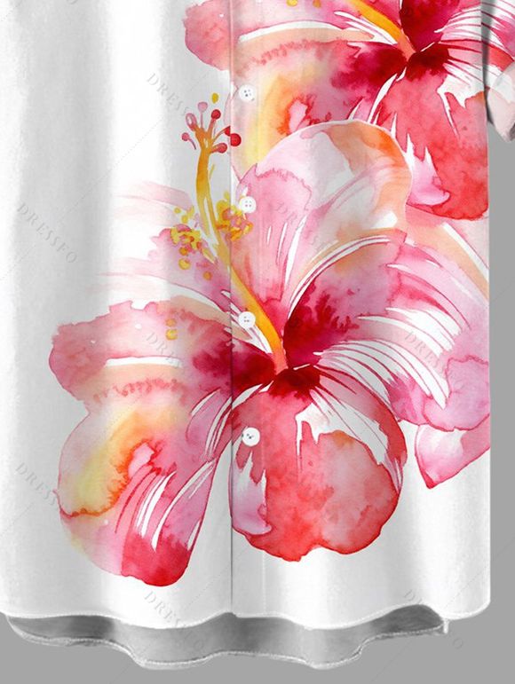 Men's Vacation Shirt Watercolor Hibiscus Floral Print Button Up Shirt - Rose 5XL