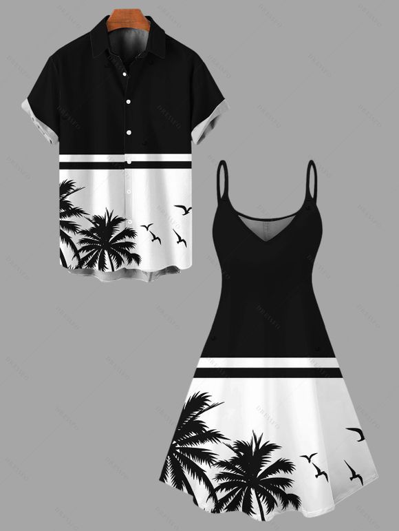 Beach Vacation Couple Outfit Contrast Color Coconut Tree Seagulls Print Spaghetti Strap Dress and Shirt Set - Noir S | US 4
