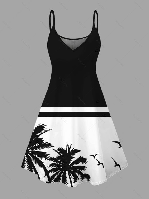 Beach Vacation Couple Outfit Contrast Color Coconut Tree Seagulls Print Spaghetti Strap Dress and Shirt Set - Noir S | US 4