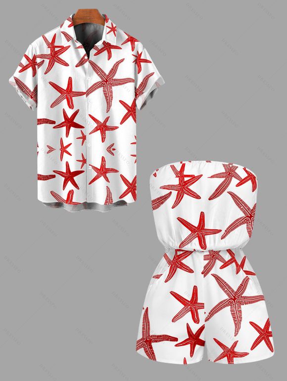 Beach Vacation Couple Outfit Starfish Print Marine Life Pocket Off the Shoulder Romper and Shirt Set - Rouge S | US 4