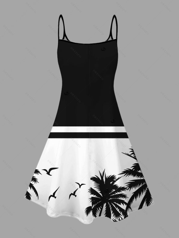 Beach Vacation Couple Outfit Contrast Color Coconut Tree Seagulls Print Spaghetti Strap Dress and Shirt Set - Noir S | US 4