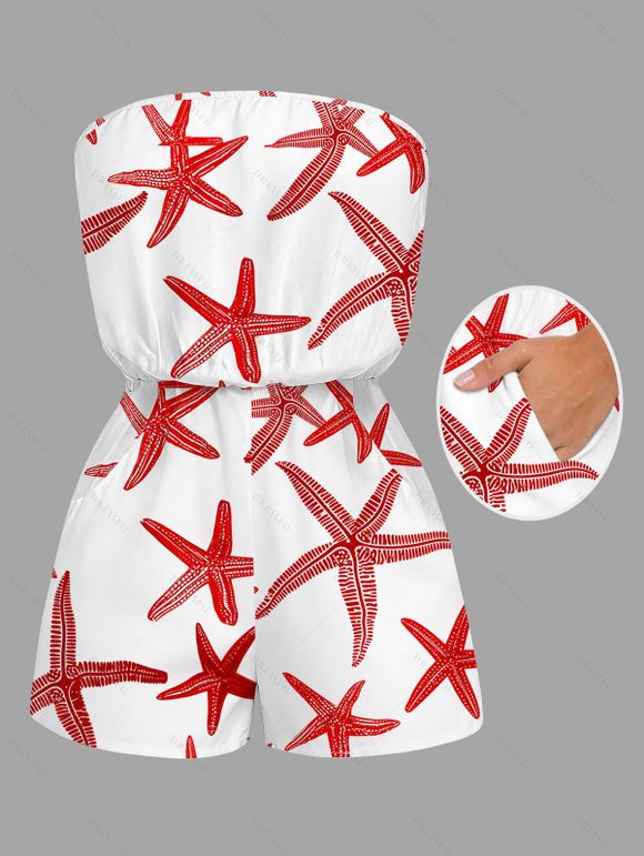 Beach Vacation Couple Outfit Starfish Print Marine Life Pocket Off the Shoulder Romper and Shirt Set - Rouge S | US 4