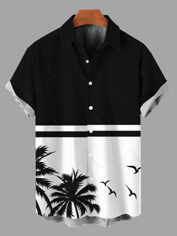 Beach Vacation Couple Outfit Contrast Color Coconut Tree Seagulls Print Spaghetti Strap Dress and Shirt Set - Noir S | US 4