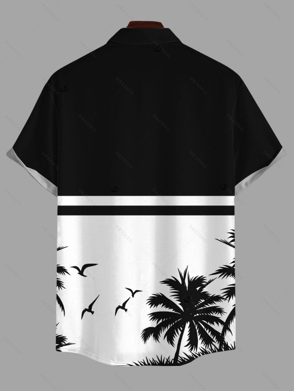 Beach Vacation Couple Outfit Contrast Color Coconut Tree Seagulls Print Spaghetti Strap Dress and Shirt Set - Noir S | US 4