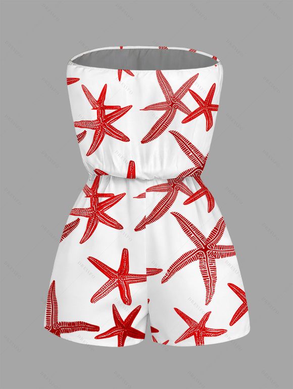 Beach Vacation Couple Outfit Starfish Print Marine Life Pocket Off the Shoulder Romper and Shirt Set - Rouge S | US 4