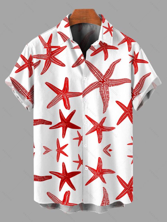 Beach Vacation Couple Outfit Starfish Print Marine Life Pocket Off the Shoulder Romper and Shirt Set - Rouge S | US 4