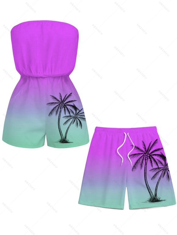 Vacation Couple Outfit Ombre Coconut Tree Pattern Pocket Off the Shoulder Romper and Drawstring Beach Shorts Set - Pourpre S | US 4
