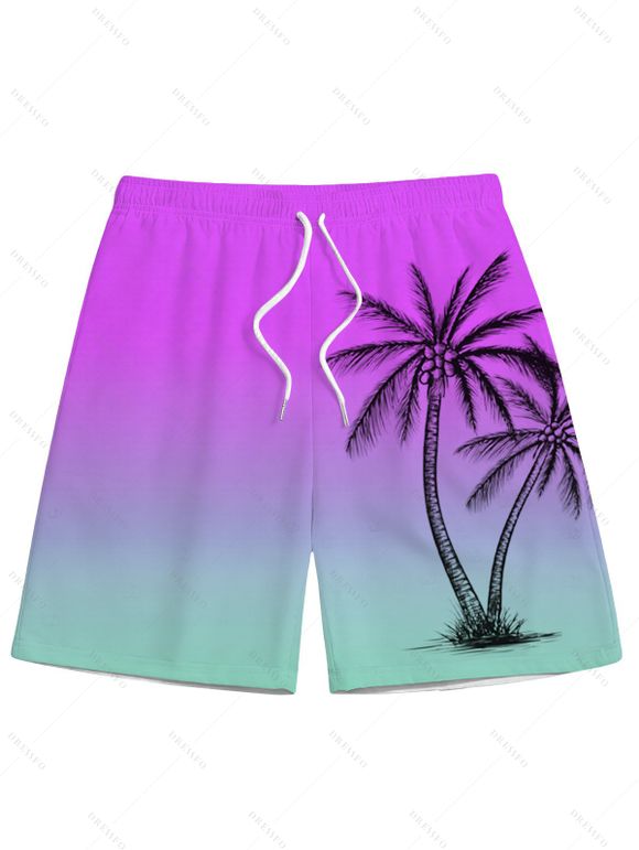 Vacation Couple Outfit Ombre Coconut Tree Pattern Pocket Off the Shoulder Romper and Drawstring Beach Shorts Set - Pourpre S | US 4