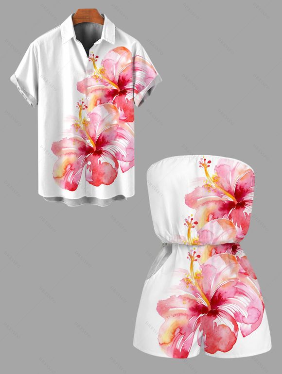 Vacation Couple Outfit Watercolor Hibiscus Floral Print Pocket Off the Shoulder Romper and Shirt Set - Rose S | US 4