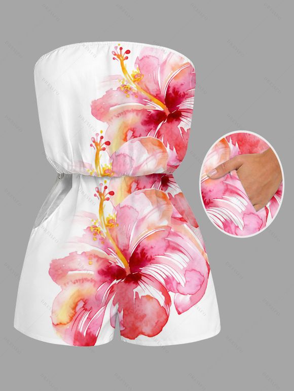 Vacation Couple Outfit Watercolor Hibiscus Floral Print Pocket Off the Shoulder Romper and Shirt Set - Rose S | US 4