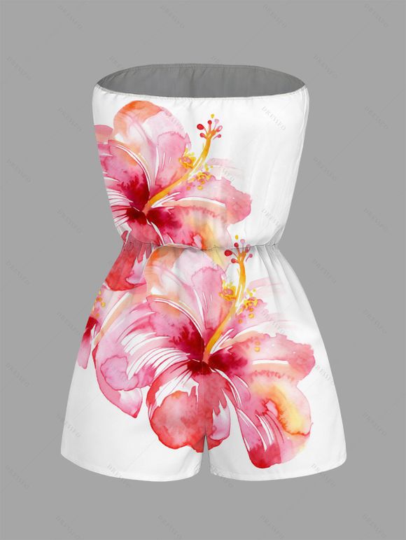 Vacation Couple Outfit Watercolor Hibiscus Floral Print Pocket Off the Shoulder Romper and Shirt Set - Rose S | US 4