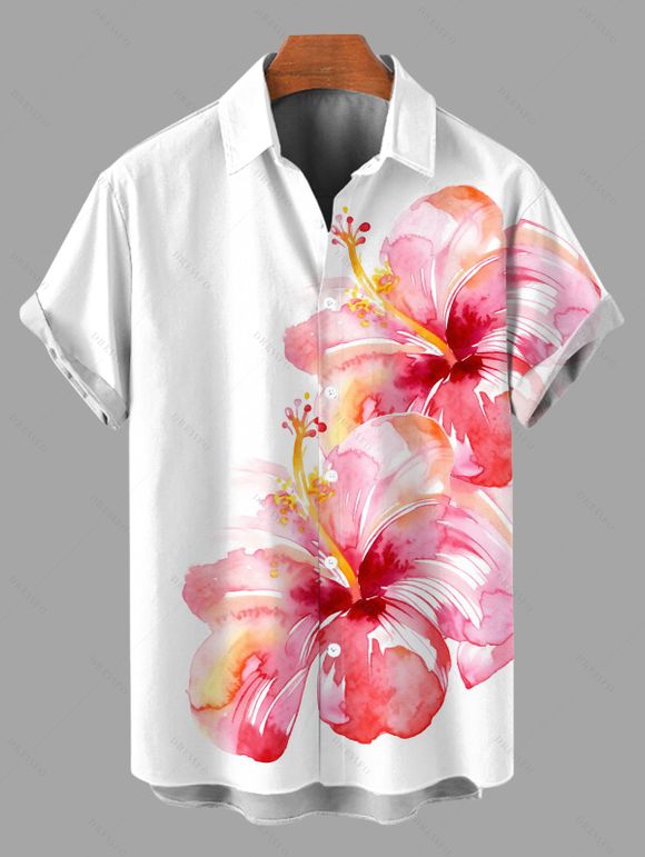 Vacation Couple Outfit Watercolor Hibiscus Floral Print Pocket Off the Shoulder Romper and Shirt Set - Rose S | US 4