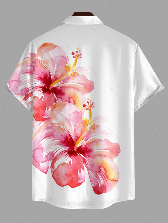 Vacation Couple Outfit Watercolor Hibiscus Floral Print Pocket Off the Shoulder Romper and Shirt Set - Rose S | US 4