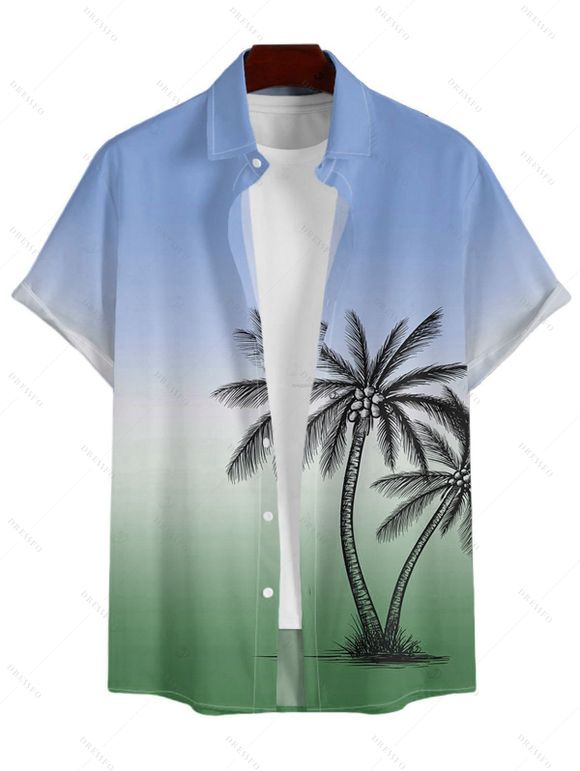 Men's Vacation Shirt for Beach Ombre Coconut Tree Print Button Up Shirt - PLANT GREEN S