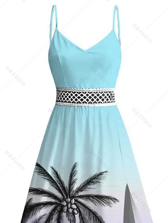 Vacation Dress for Beach Ombre Coconut Tree Print Lace Hollow Out Slit Dress - Bleu clair XXXXXL | US 20