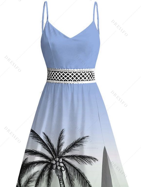 Vacation Dress for Beach Ombre Coconut Tree Print Lace Hollow Out Slit Dress - PLANT GREEN XXXL | US 16