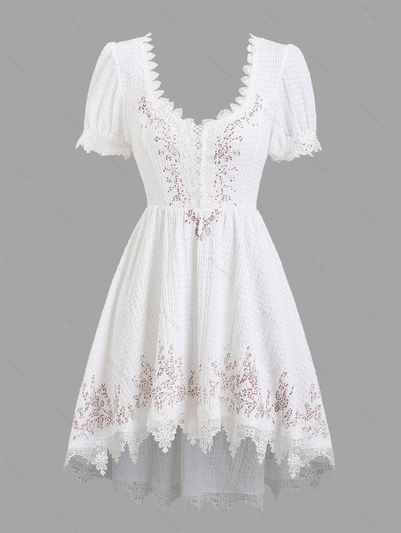 Vintage Mini Dress Irregular Hem Hollow Out Scalloped Dress - Blanc M | US 6