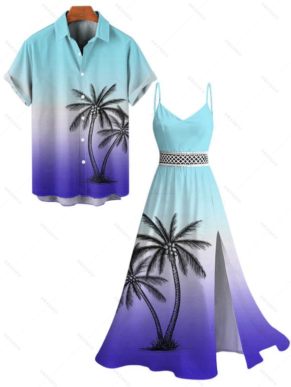 Vacation Couple Outfit Ombre Coconut Tree Print Lace Hollow Out Slit Dress and Shirt Set - Bleu clair S | US 4