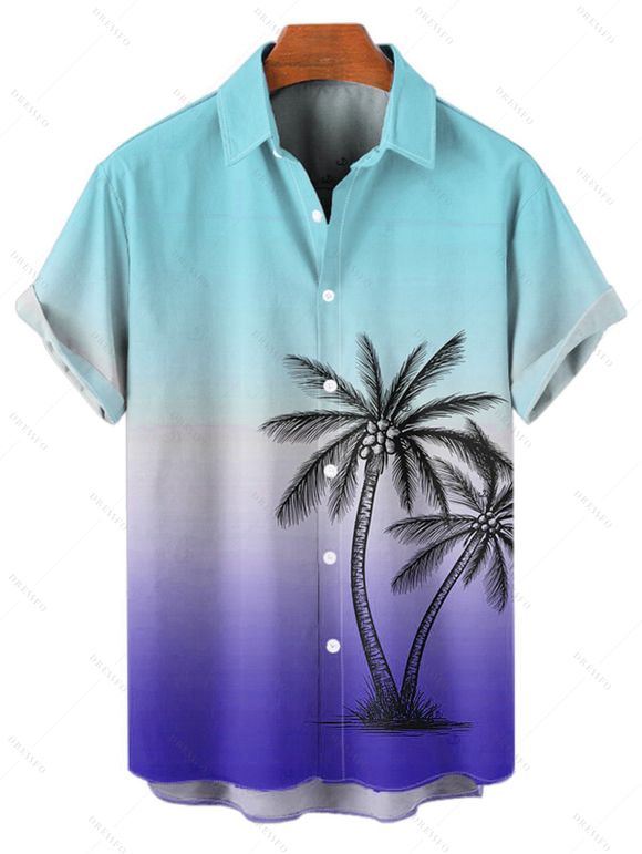 Vacation Couple Outfit Ombre Coconut Tree Print Lace Hollow Out Slit Dress and Shirt Set - Bleu clair S | US 4