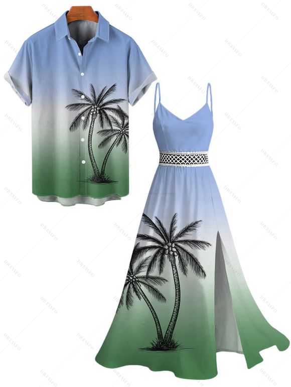 Vacation Couple Outfit Ombre Coconut Tree Print Lace Hollow Out Slit Dress and Shirt Set - PLANT GREEN S | US 4