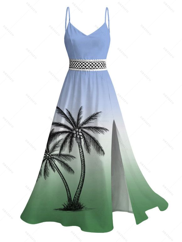 Vacation Couple Outfit Ombre Coconut Tree Print Lace Hollow Out Slit Dress and Shirt Set - PLANT GREEN S | US 4