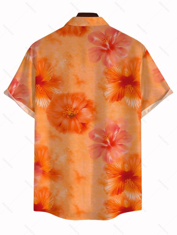 Men's Hawaiian Vacation Shirt Ombre Watercolor Hibiscus Floral Pattern Button Up Shirt - Orange 5XL