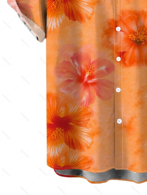 Men's Hawaiian Vacation Shirt Ombre Watercolor Hibiscus Floral Pattern Button Up Shirt - Orange 5XL