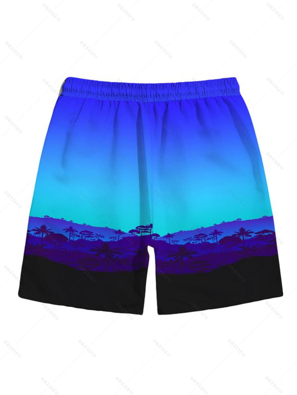Men's Vacation Beach Shorts Tropical Ombre Coconut Tree Silhouette Print Pocket Drawstring Board Shorts - Bleu 5XL