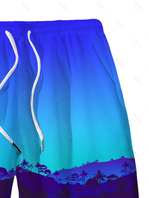 Men's Vacation Beach Shorts Tropical Ombre Coconut Tree Silhouette Print Pocket Drawstring Board Shorts - Bleu 5XL