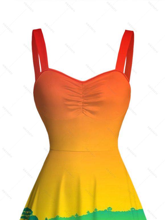 Vacation Beach Dress Tropical Ombre Coconut Tree Silhouette Print Ruched Bust Mini Dress - multicolor A XXXXXL | US 20