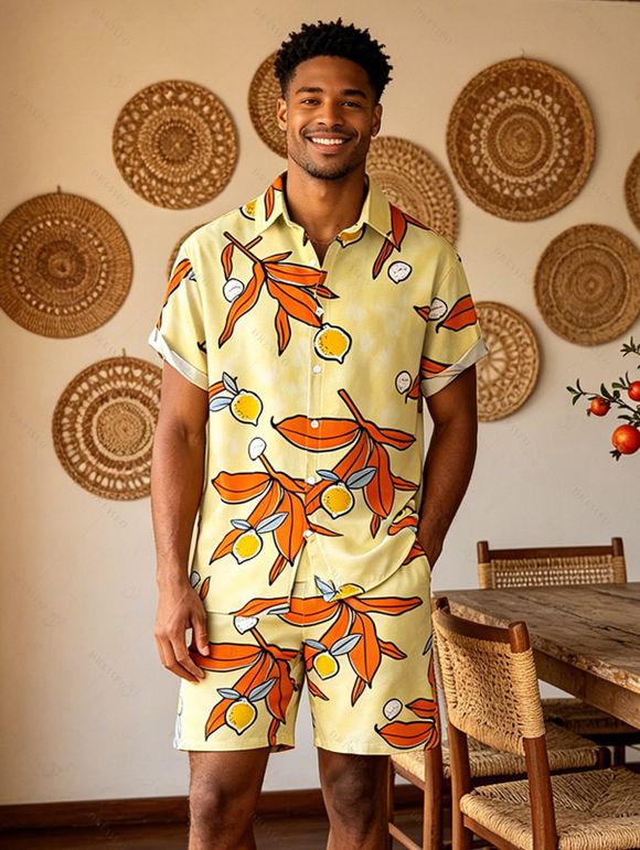 Men's Beach Vacation Shirt Cartoon Lemon Leaf Print Button Up Shirt - Jaune 5XL