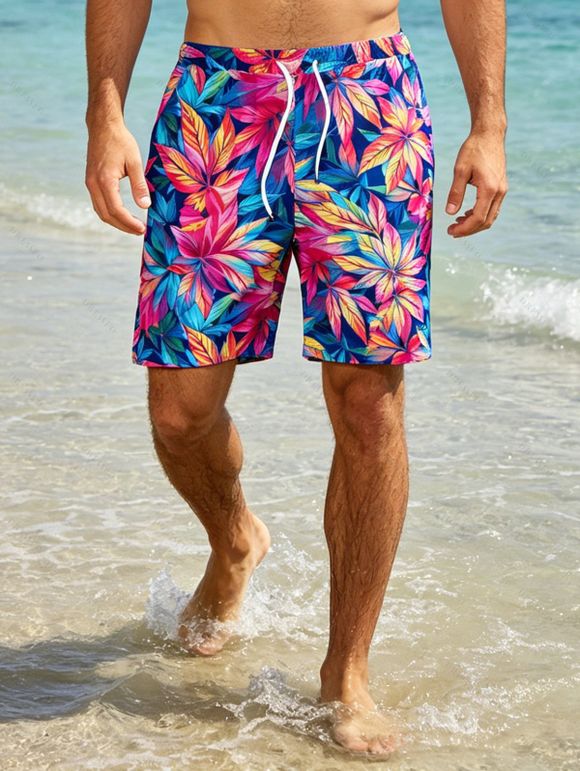 Hawaiian Vacation Beach Shorts Allover Tropical Floral Leaf Print Pocket Drawstring Board Shorts - multicolor A 5XL
