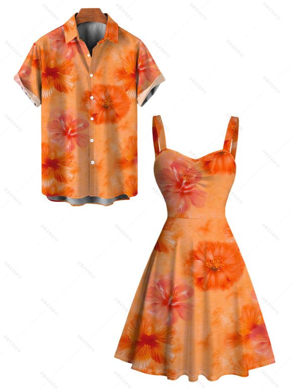 Hawaiian Vacation Couple Outfit Ombre Watercolor Hibiscus Floral Pattern Ruched Bust Mini Dress and Shirt Set - Orange S | US 4