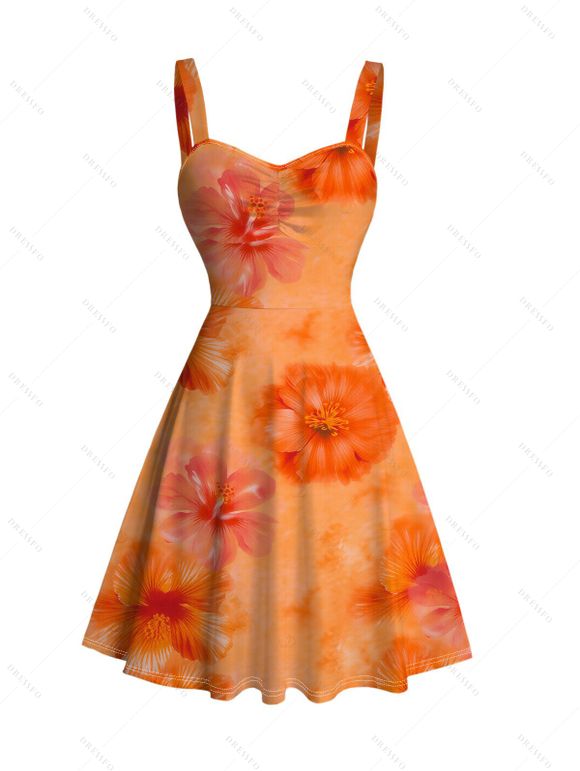 Hawaiian Vacation Couple Outfit Ombre Watercolor Hibiscus Floral Pattern Ruched Bust Mini Dress and Shirt Set - Orange S | US 4