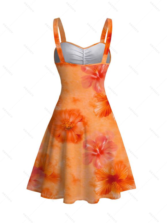 Hawaiian Vacation Couple Outfit Ombre Watercolor Hibiscus Floral Pattern Ruched Bust Mini Dress and Shirt Set - Orange S | US 4