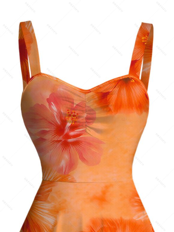 Hawaiian Vacation Couple Outfit Ombre Watercolor Hibiscus Floral Pattern Ruched Bust Mini Dress and Shirt Set - Orange S | US 4