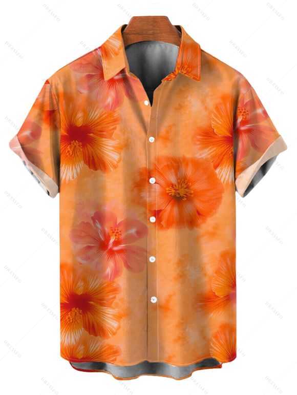 Hawaiian Vacation Couple Outfit Ombre Watercolor Hibiscus Floral Pattern Ruched Bust Mini Dress and Shirt Set - Orange S | US 4