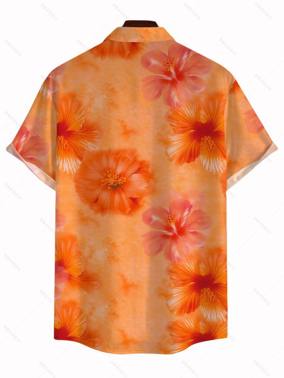 Hawaiian Vacation Couple Outfit Ombre Watercolor Hibiscus Floral Pattern Ruched Bust Mini Dress and Shirt Set - Orange S | US 4