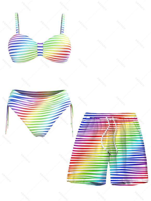 Hawaiian Vacation Couple Outfit Rainbow Striped Print Ruched Cinched Briefs Bikini Swimsuit and Drawstring Beach Shorts Set - multicolor A S | US 4
