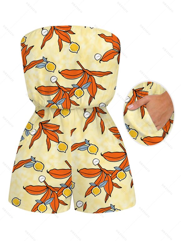 Beach Vacation Romper Cartoon Lemon Leaf Print Pocket Off the Shoulder Romper - Jaune XXL | US 14
