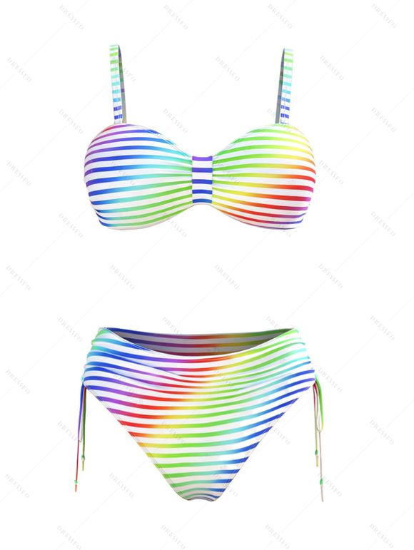 Hawaiian Vacation Couple Outfit Rainbow Striped Print Ruched Cinched Briefs Bikini Swimsuit and Drawstring Beach Shorts Set - multicolor A S | US 4