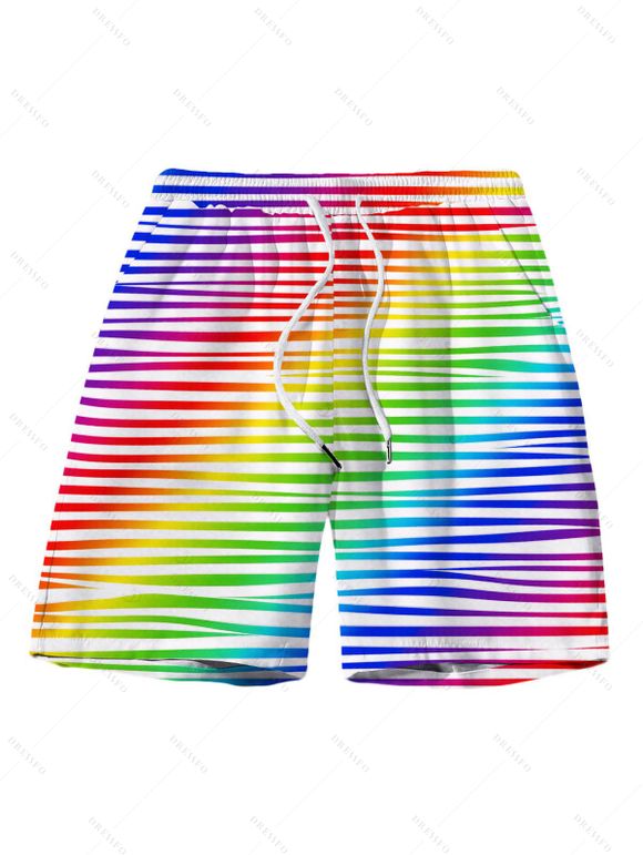 Hawaiian Vacation Couple Outfit Rainbow Striped Print Ruched Cinched Briefs Bikini Swimsuit and Drawstring Beach Shorts Set - multicolor A S | US 4