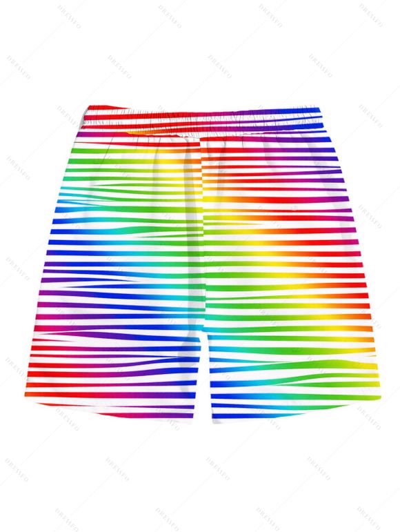 Hawaiian Vacation Couple Outfit Rainbow Striped Print Ruched Cinched Briefs Bikini Swimsuit and Drawstring Beach Shorts Set - multicolor A S | US 4